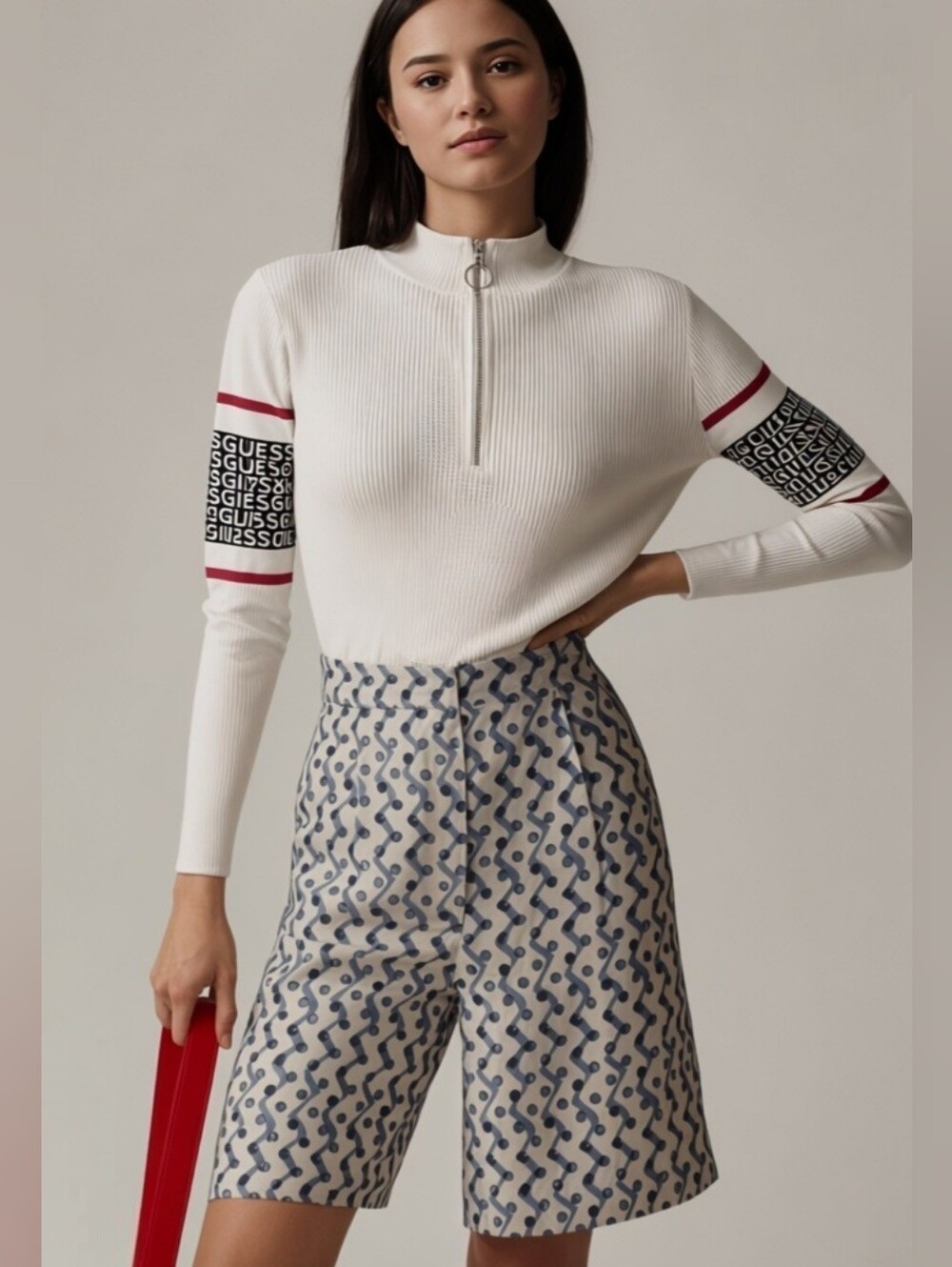 Guess Ivory Ribbed Half-Zip Top with Logo Sleeve and Red Stripes